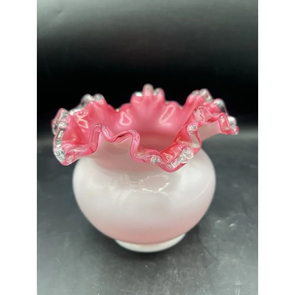 Vintage Fenton Peach Crest White Cased Rose Bowl Vase Pink Interior Ruffled Rim